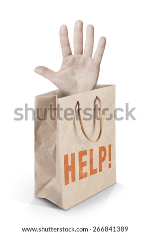 Paper bag with a hand and word: Help!
