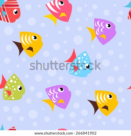 Cute pattern with different funny fish. Beautiful background
