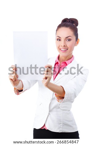 Successful  caucasian businesswoman  in white suit holding whiteboard sign.