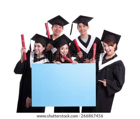 group of happy graduates student show blank billboard isolated on white background, asian