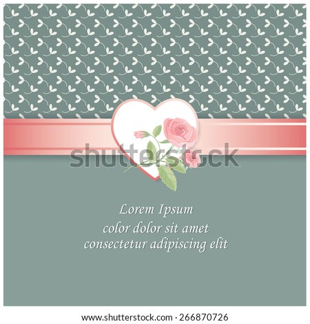 Vector illustration of a wedding invitation template in pastel soft colors with ribbon and heart  decorated with flowers