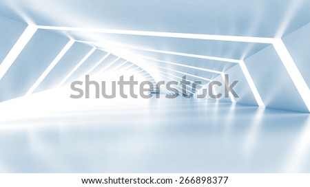 Abstract empty illuminated light blue shining corridor interior, 3d render illustration