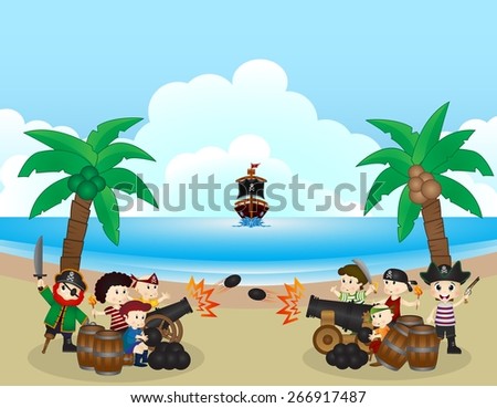two pirate groups are fighting on the beach