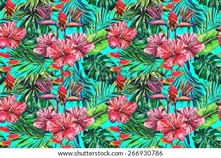  Beautiful seamless floral jungle pattern background. Colorful watercolor tropical flowers, palm leaves and plants, hibiscus, bird of paradise flower, exotic print