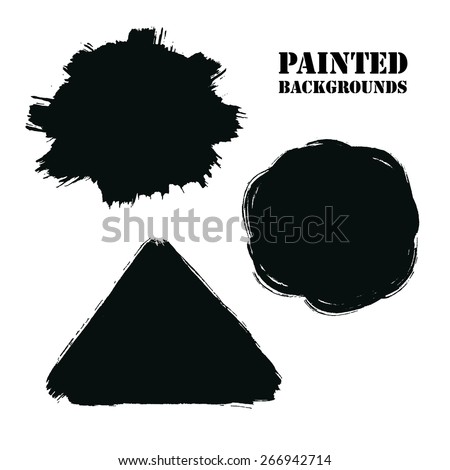 Vector Grunge Round, Triangle and Burst Backgrounds Set. Natural artistic banners painted with brush strokes for your text. Distress texture template, label, badge or frame, isolated, black on white