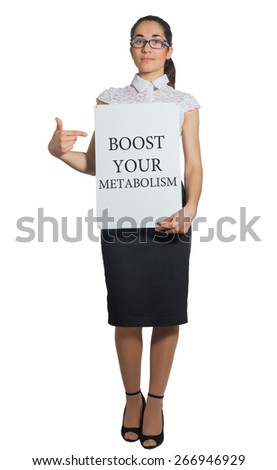 Business woman holding a board Boost your metabolism isolated on white background