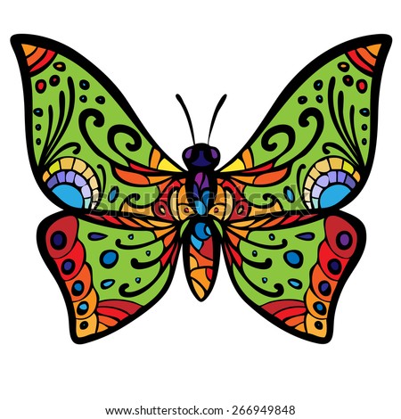 Stylized image of a butterfly, painted in psychedelic colors.