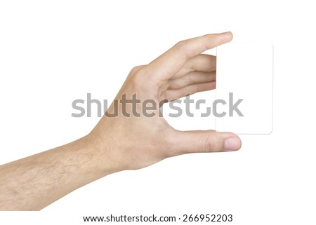 vertical card in man's hand white background