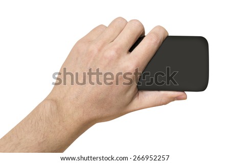 black object in man's hand white background