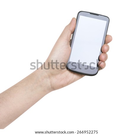black vertical smartphone in man's hand white background