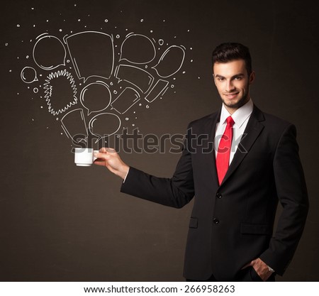 Businessman standing and holding a white cup with drawn speech bubbles coming out of the cup 