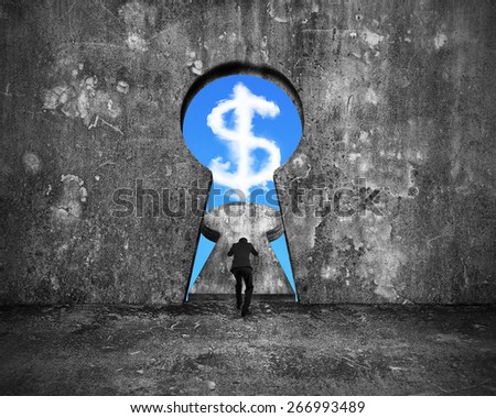 Businessman pushing keyhole door with sky dollar sign shape cloud view on mottled concrete wall background