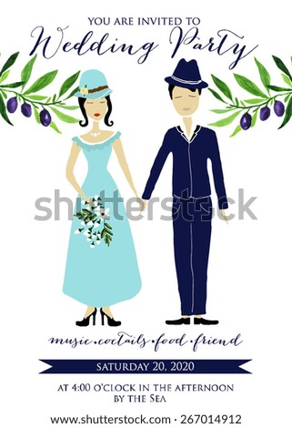 Wedding invitation with cartoon couple groom and bride in retro style 