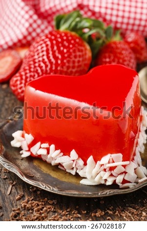 Strawberry cake in heart shape, symbol of love