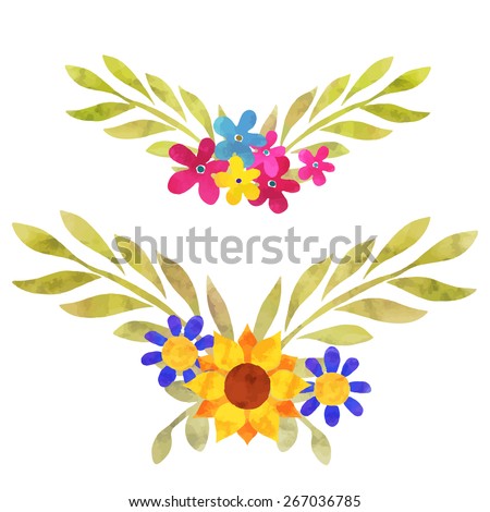 Hand painted watercolor bouquets set with flowers and leaves closeup isolated on a white background. Art design element, clip art