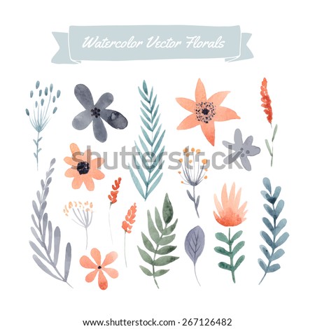 Set of handpainted watercolor vector flowers and leaves. Design element for summer wedding, spring congratulation card. Perfect floral elements for save the date card. Artwork for your design.   Royalty-Free Stock Photo #267126482