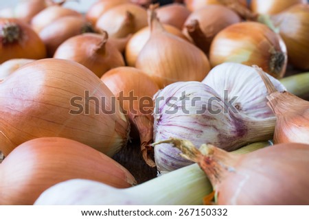 Stocks of onions and garlic in the store closeup