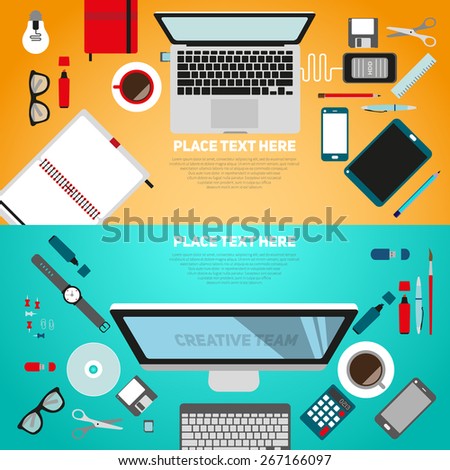 Flat design vector illustration workplace. concept of creative office workspace. Top view of desk background with computer, digital devices, office objects, books and documents 