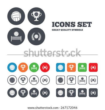 Volleyball and net icons. Winner award cup and laurel wreath symbols. Beach sport symbol. Web buttons set. Circles and squares templates. Vector