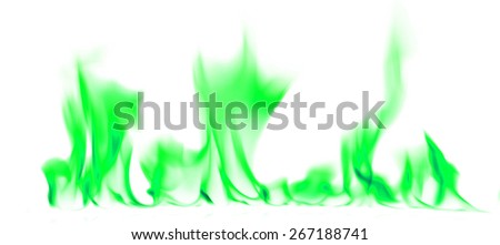 Green fire and flames on white background.