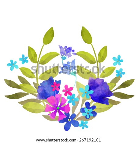 Hand painted watercolor bouquet with flowers and leaves closeup isolated on a white background. Art design element, clip art