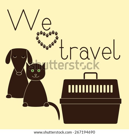 Cute contoured sitting dog and cat, plastic pet carrier with handle and lettering I love travel isolated on yellow background. Concept illustration of pet carrying and travelling with pets