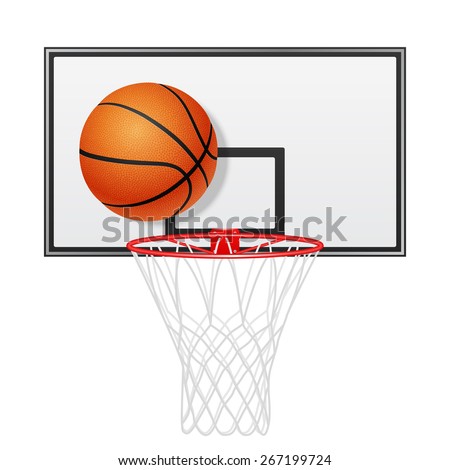 3d realistic basketball backboard and ball. Isolated on white. Vector EPS10 illustration. 