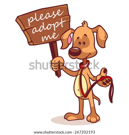 Character dog with a banner - Adopt me. Vector clip-art illustration on a white background.