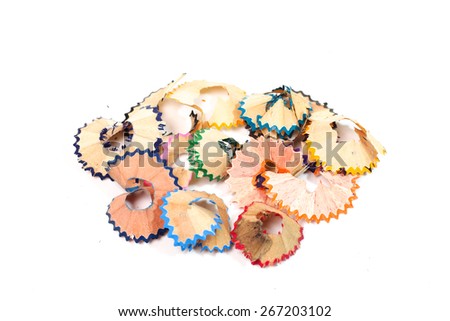 Colour pencils with sharpening shavings isolated on white