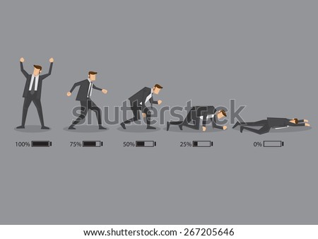 Series of a business executive in suit with battery indicator to show his energy level, from fully charged to drained and exhausted. Conceptual vector cartoon illustration isolated on grey background. Royalty-Free Stock Photo #267205646