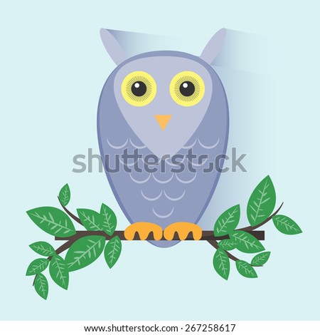 Purple Owl sitting on a branch. Vector Illustration.
