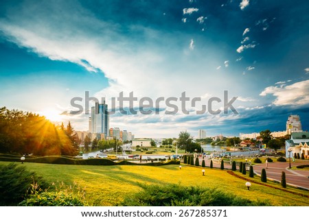 Cityscape View Of Modern Architecture Of Minsk, From District Nemiga, Nyamiha. Belarus. Sunset In Town Royalty-Free Stock Photo #267285371