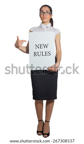 Business woman holding a board New rules isolated on white background