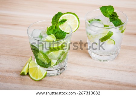 Lemonade,fresh limes and mint on wooden background