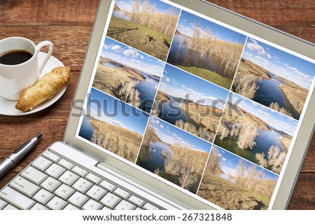 Reviewing and editing a sequence of time lapse aerial pictures on a laptop - lake landscape in Colorado with a drone shadow. All screen images copyright by the photographer.