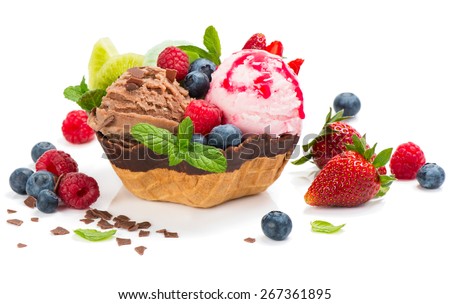 Different varieties ice cream with  fresh berries  decorated wit chocolate chips, mint and sauce, isolated on white