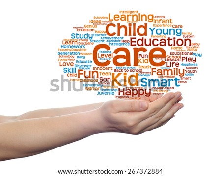 Concept or conceptual education abstract word cloud, human man hand on white background, metaphor to child, family, school, life, learn, knowledge, home, study, teach, achievement, childhood or teen