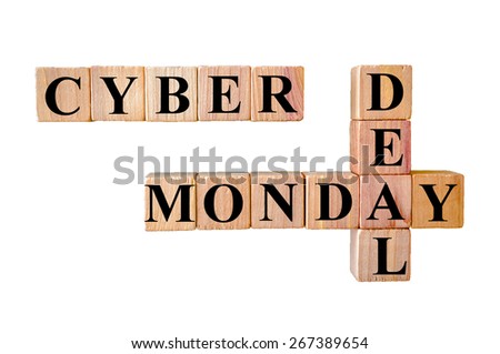 Cyber Monday Deal deal message. Wooden small cubes with letters isolated on white background with copy space available. Retail Sales Concept image.