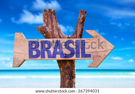 Brazil (in Portuguese) wooden sign with beach background