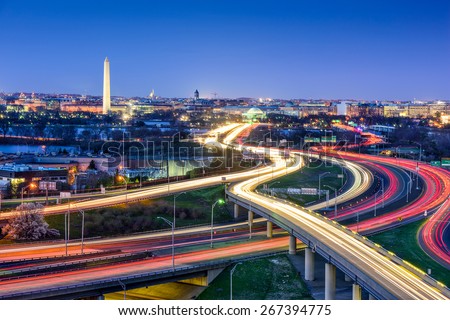 Washington, D.C. skyline with highways and monuments. Royalty-Free Stock Photo #267394775
