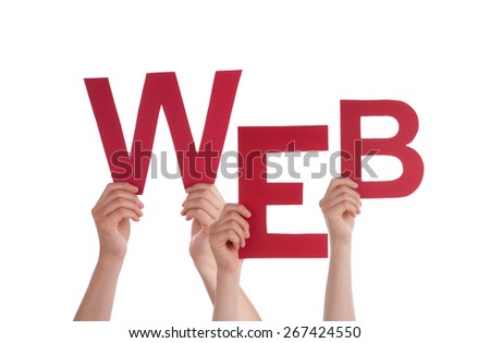 Many Caucasian People And Hands Holding Red Letters Or Characters Building The Isolated English Word Web On White Background