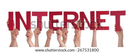 Many Caucasian People And Hands Holding Red Straight Letters Or Characters Building The Isolated English Word Internet On White Background