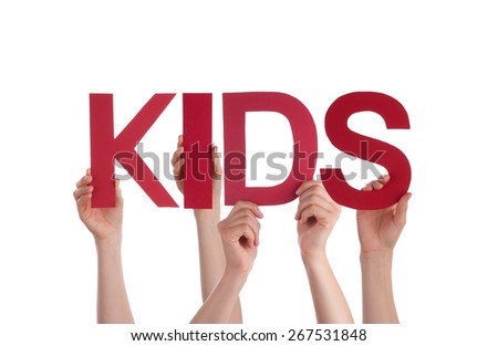 Many Caucasian People And Hands Holding Red Straight Letters Or Characters Building The Isolated English Word Kids On White Background