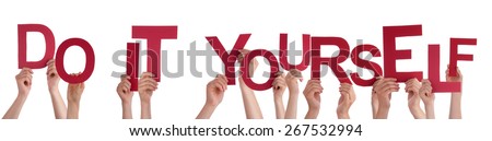Many Caucasian People And Hands Holding Red Letters Or Characters Building The Isolated English Word Do It Yourself On White Background