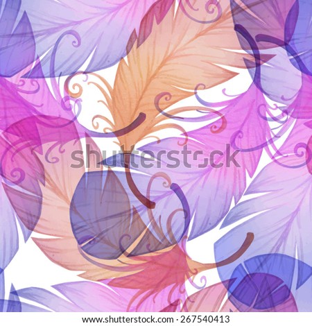 Watercolor seamless pattern with bird feathers. 
Vector illustration.