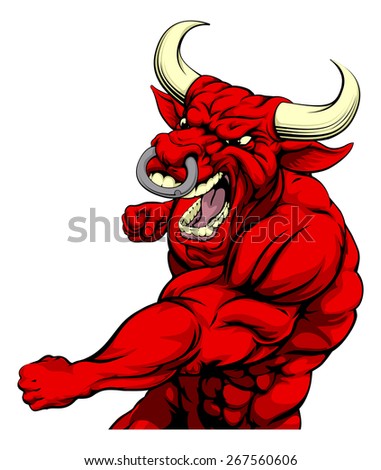A tough muscular red bull character sports mascot attacking with a punch