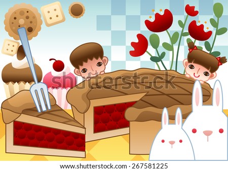 Big Tasty Fruit Pie and Cookies - lovely girl and funny boy eat delicious sugar dessert and snack with red tulip and cute baby rabbit on bright blue background with chess pattern : vector illustration