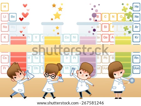 Science Class - cute young girl and boy scientist examine with laboratory equipment and colorful liquid sample in experimental research lab on white background with big test tube : vector illustration