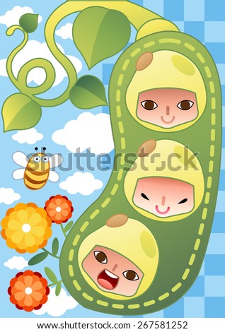 Cute Three Little Pea with Joyful Friends - happy lovely boys smile and laugh with flying bee and on bright blue background of sunny sky and white clouds with chess patterns : vector illustration