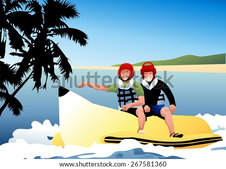 Cheerful and Joyful Men and Summer Tropical Island - happy young male enjoying fun and riding on yellow banana boat on a background with bright blue sky and white water : vector illustration